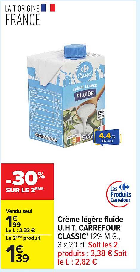Crème légère fluide U.H.T. CARREFOUR CLASSIC' 12% M.G.