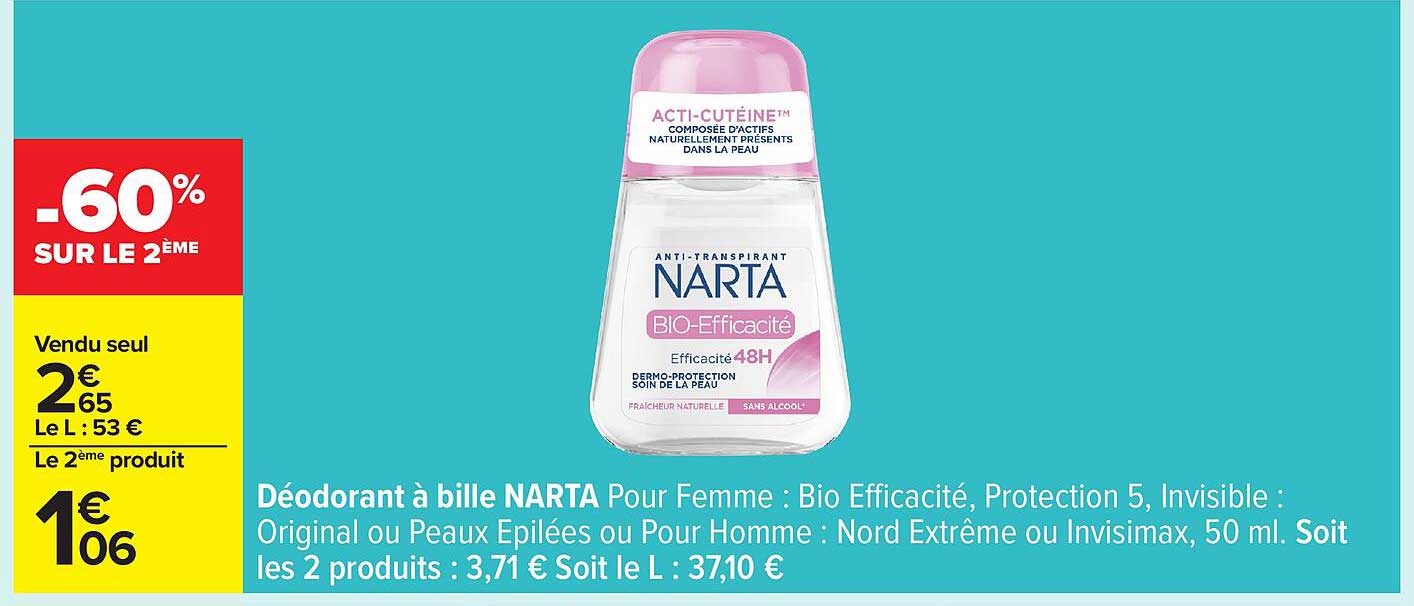 Déodorant à bille NARTA Pour Femme : Bio Efficacité, Protection 5, Invisible