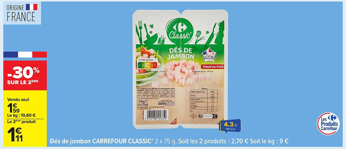 Dés de jambon CARREFOUR CLASSIC' 2 x 75 g