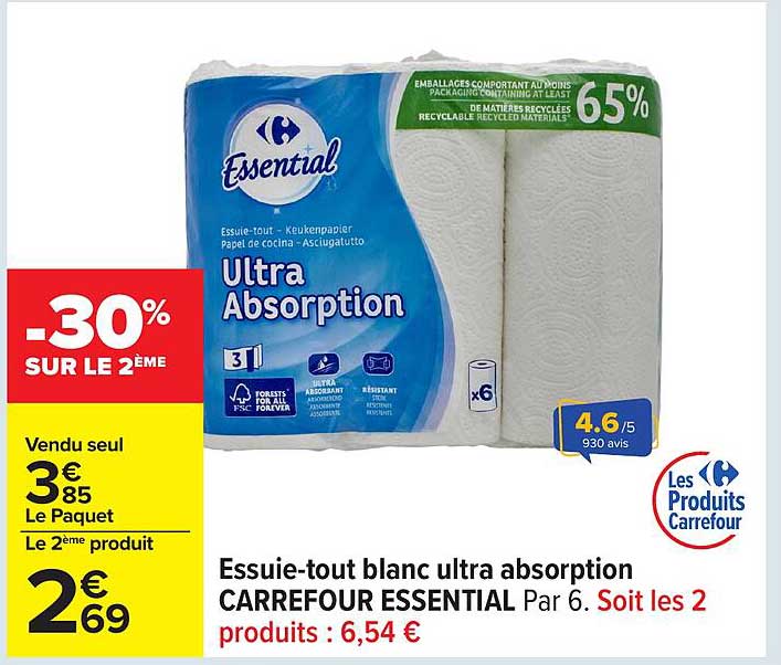Essuie-tout blanc ultra absorption CARREFOUR ESSENTIAL