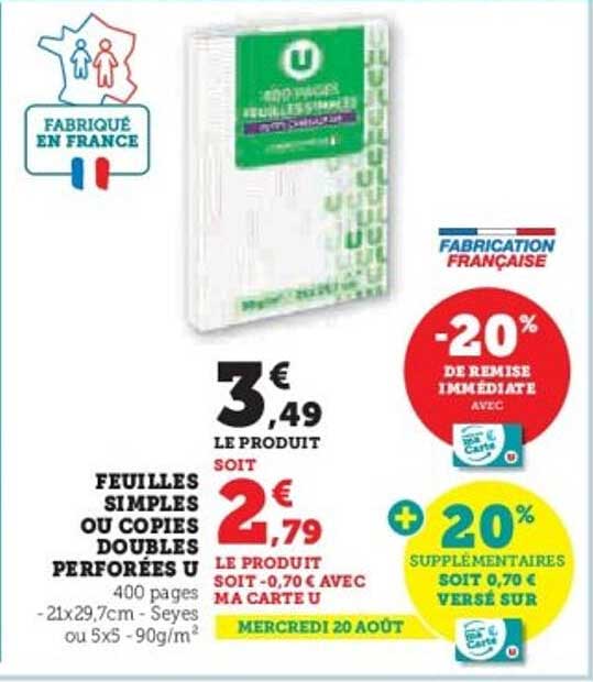 FEUILLES SIMPLES OU COPIES DOUBLES PERFORÉES U