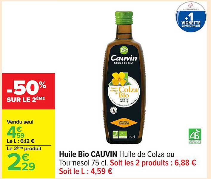Huile Bio CAUVIN Huile de Colza ou Tournesol 75 cl.