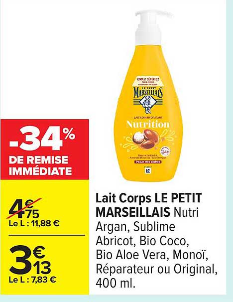 Lait Corps LE PETIT MARSEILLAIS Nutri Argan, Sublime Abricot, Bio Coco, Bio Aloe Vera, Monoi, Réparateur ou Original, 400 ml.