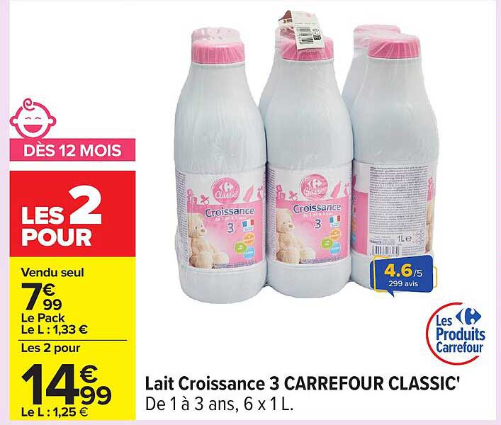 Lait Croissance 3 CARREFOUR CLASSIC' De 1 à 3 ans, 6 x 1 L.