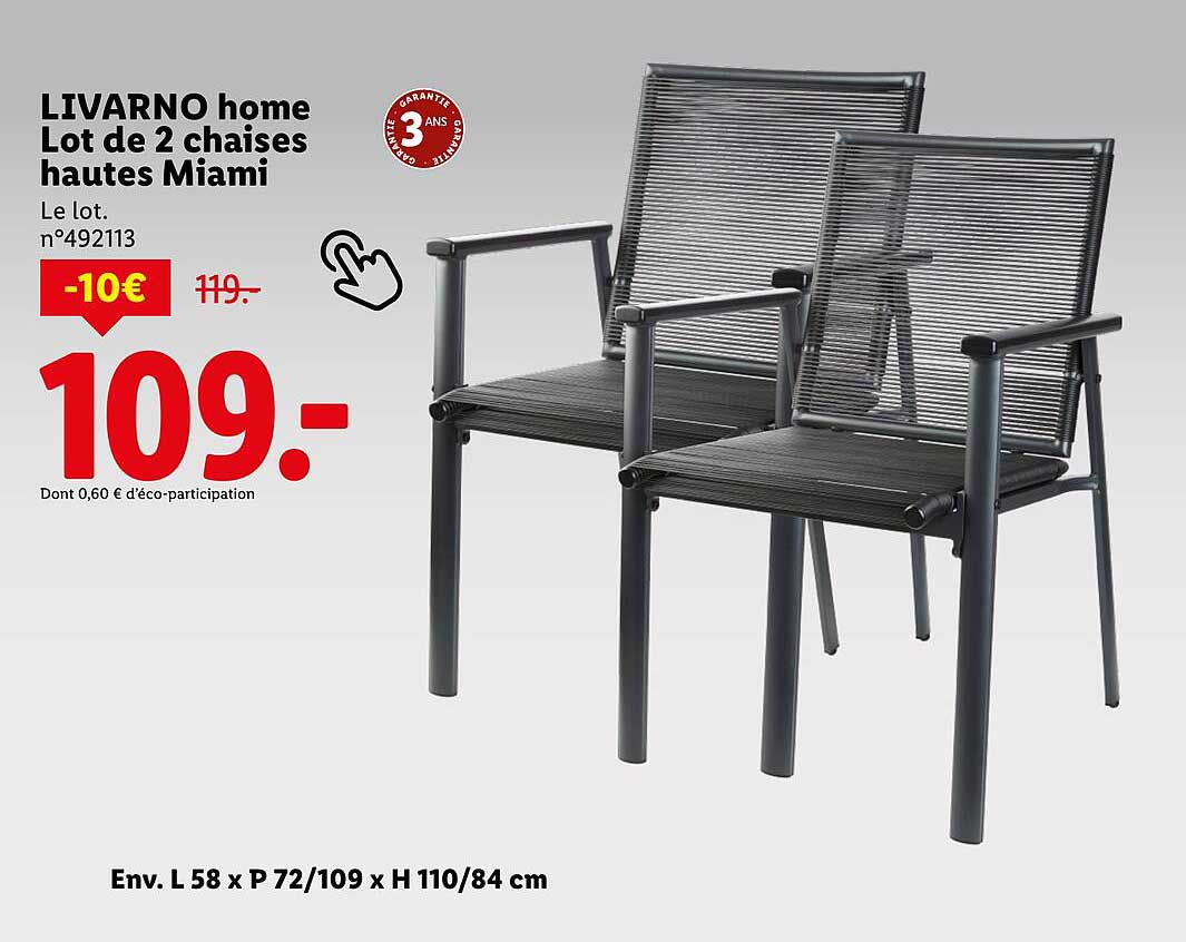 LIVARNO home Lot de 2 chaises hautes Miami