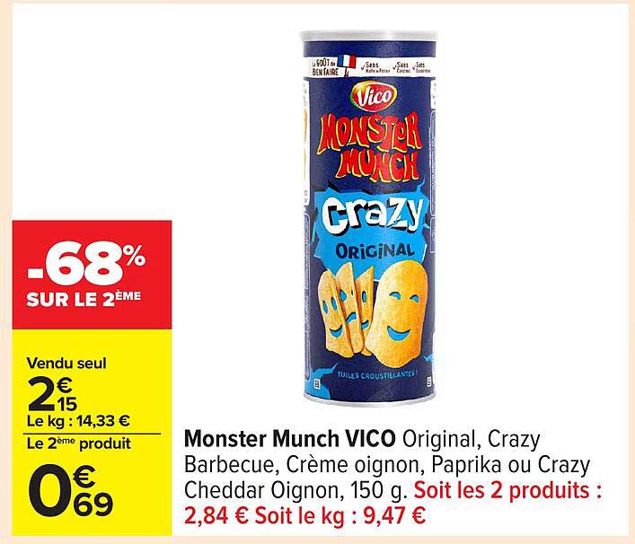 Monster Munch VICO Original, Crazy Barbecue, Crème Oignon, Paprika ou Crazy Cheddar Oignon, 150 g
