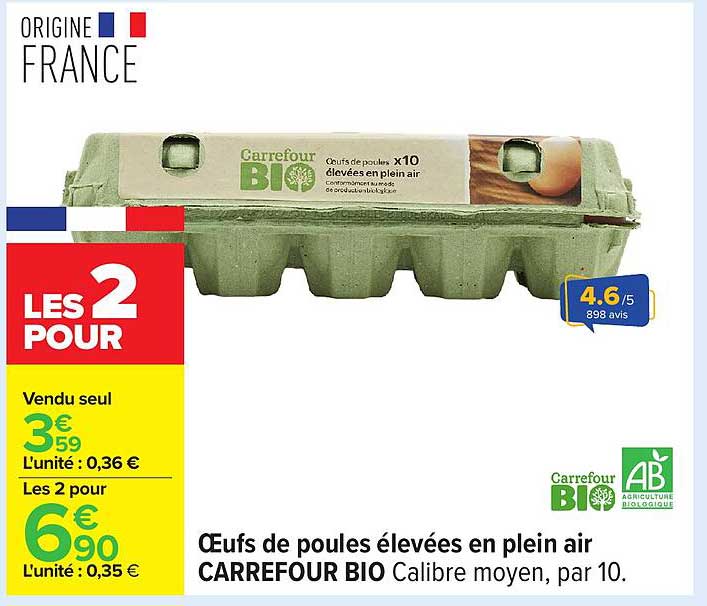 Œufs de poules élevées en plein air CARREFOUR BIO Calibre moyen, par 10.