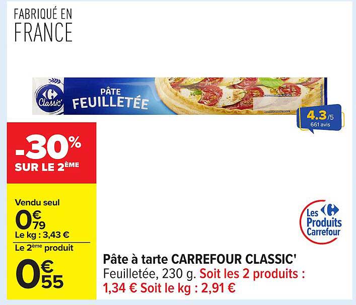 Pâte à tarte CARREFOUR CLASSIC' Feuilletée, 230 g.