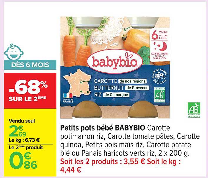 Petits pots bébé BABYBIO Carotte potimarron riz, Carotte tomate pattes, Carotte quinoa
