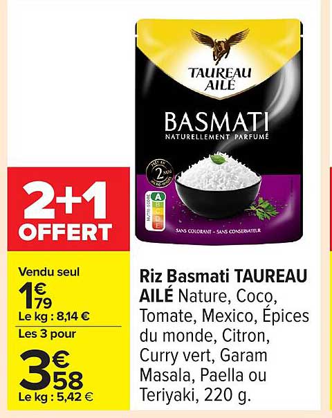 Riz Basmati TAUREAU AILÉ Nature, Coco, Tomate, Mexico, Épices du monde, Citron, Curry vert, Garam Masala, Paella ou Teriyaki, 220 g