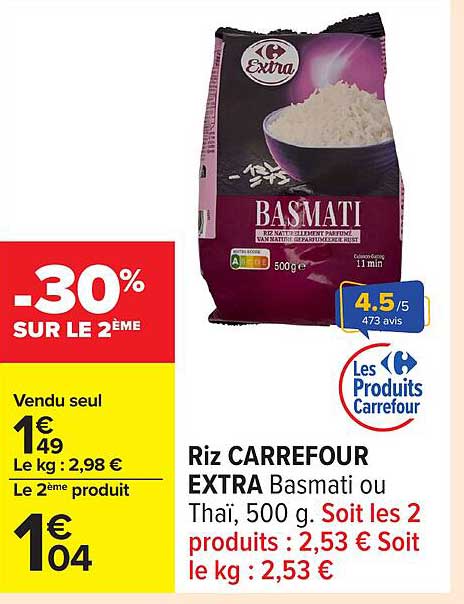 Riz CARREFOUR EXTRA Basmati ou Thaï, 500 g