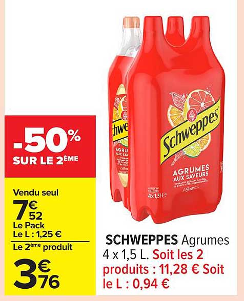 SCHWEPPES Agrumes 4 x 1,5 L. Soit les 2 produits : 11,28 € Soit le L : 0,94 €