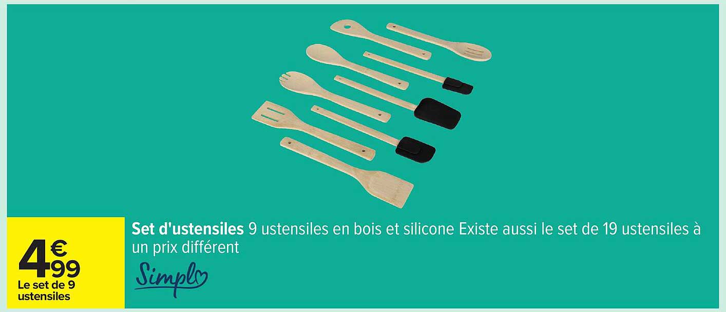 Set d'ustensiles 9 ustensiles en bois et silicone