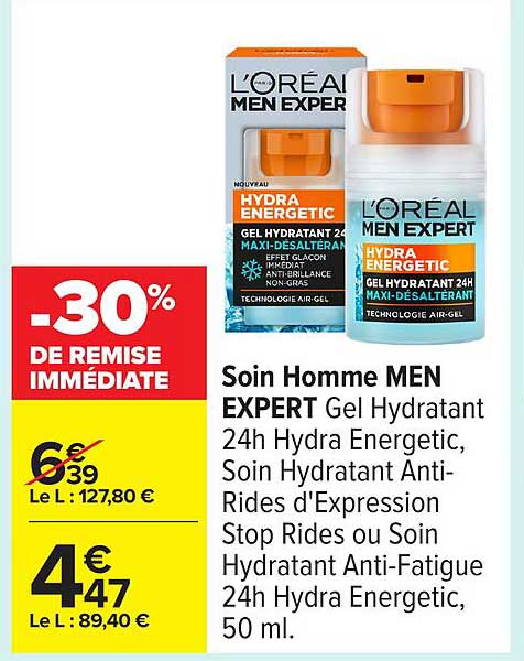 Soin Homme MEN EXPERT Gel Hydratant 24h Hydra Energetic, Soin Hydratant Anti-Rides d'Expression Stop Rides ou Soin Hydratant Anti-Fatigue 24h Hydra Energetic, 50 ml
