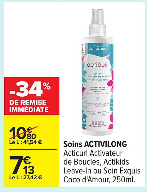Soins ACTIVILONG Acticurl Activateur de Boucles, Actikids Leave-In ou Soin Exquis Coco d'Amour, 250ml.