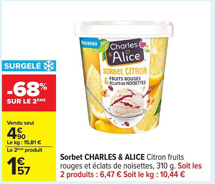 Sorbet CHARLES & ALICE Citron fruits rouges et éclats de noisettes, 310 g.