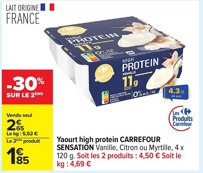 Yaourt high protein CARREFOUR SENSATION Vanille, Citron ou Myrtille, 4 x 120 g