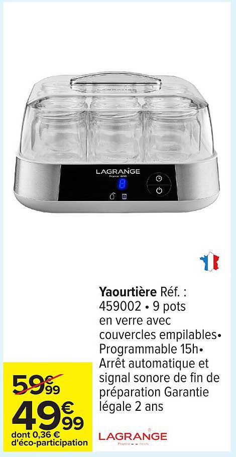Yaourtière Réf. : 459002 • 9 pots en verre avec couvercles empilables• Programmable 15h• Arrêt automatique et signal sonore de fin de préparation Garanti légal 2 ans