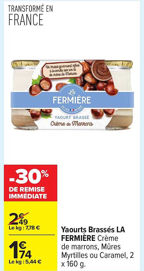 Yaourts Brassés LA FERMIÈRE Crème de marrons, Mûres Myrtilles ou Caramel, 2 x 160 g