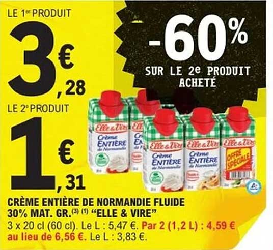 CRÈME ENTIÈRE DE NORMANDIE FLUIDE 30% MAT. GR. "ELLE & VIRE"