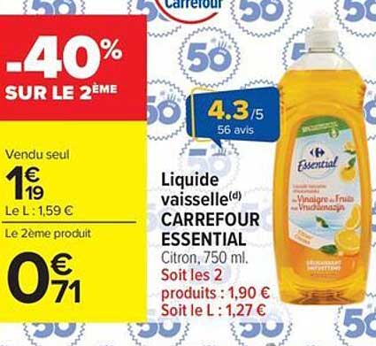 Promo Liquide Vaisselle(D) Carrefour Essential Citron, 750 Ml chez Carrefour  Market - 123Catalogue.fr