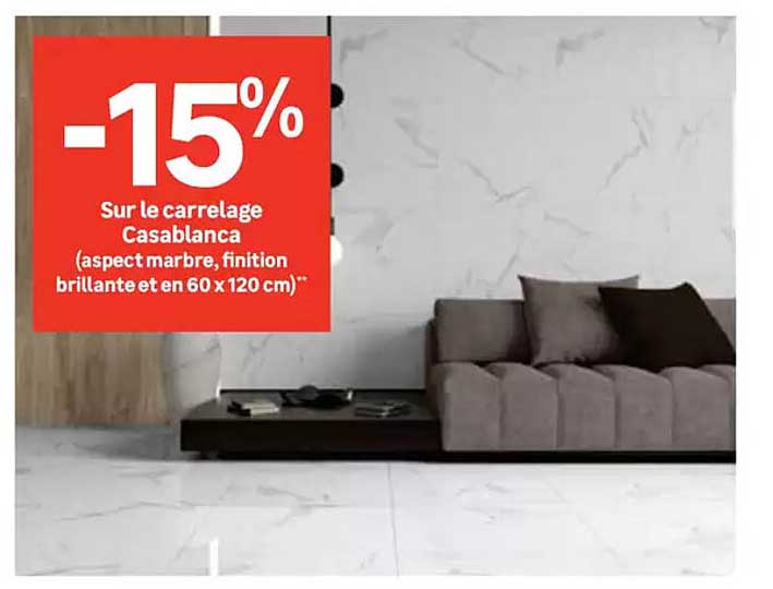 -15% Sur le carrelage Casablanca (aspect marbre, finition brillante et en 60 x 120 cm)