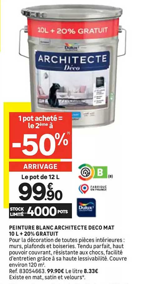 PEINTURE BLANC ARCHITECTE DECO MAT 10 L + 20% GRATUIT
