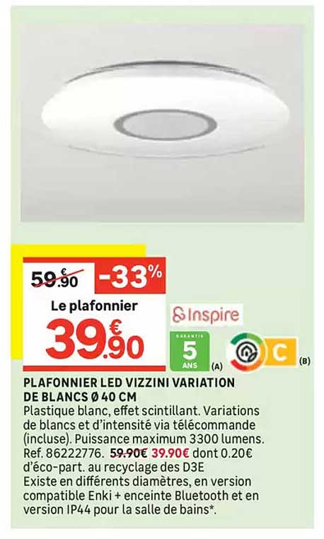 PLAFONNIER LED VIZZINI VARIATION DE BLANCS Ø 40 CM