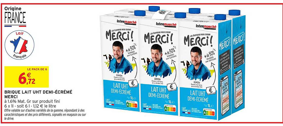 Promo Brique Lait Uht Demi-Écrémé Merci chez Intermarché - 123Catalogue.fr