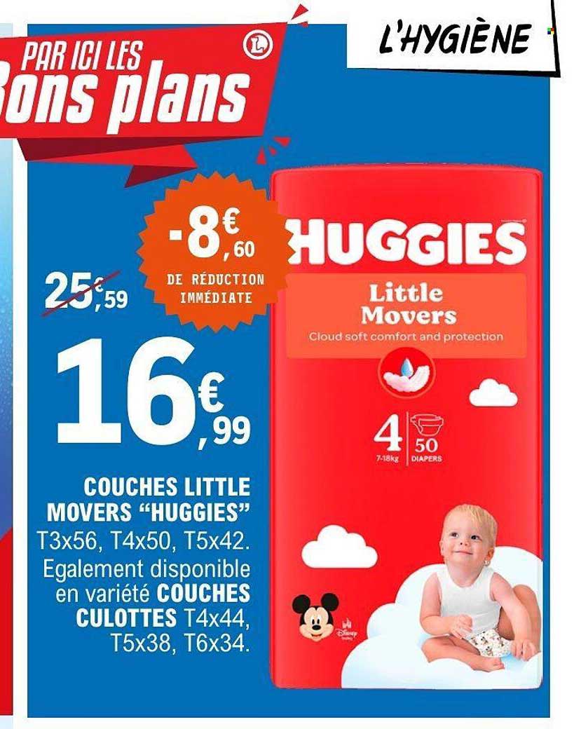 COUCHES LITTLE MOVERS “HUGGIES” T3x56, T4x50, T5x42. Également disponible en variété COUCHES CULOTTES T4x44, T5x38, T6x34.
