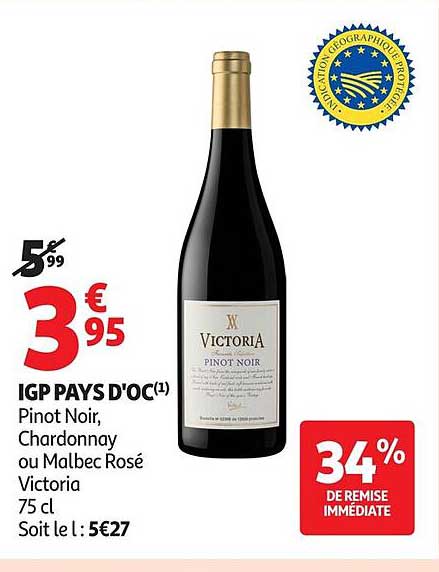 IGP PAYS D'OC(1) Pinot Noir, Chardonnay ou Malbec Rosé Victoria 75 cl