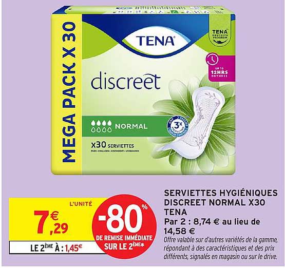 Promo Serviettes Hygiéniques Discreet Normal X30 Tena chez Intermarché ...