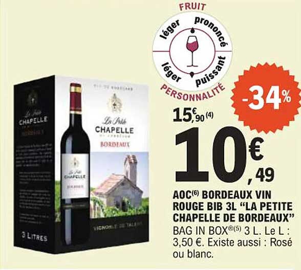 AOC(6) BORDEAUX VIN ROUGE BIB 3L "LA PETITE CHAPELLE DE BORDEAUX"