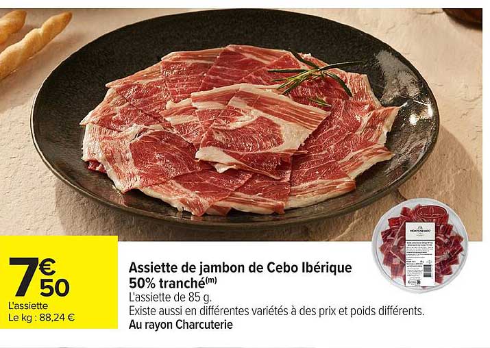 Assiette de jambon de Cebo Ibérique 50% tranché