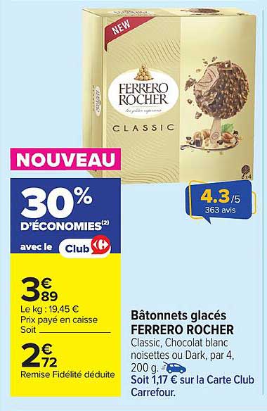 Bâtonnets glacés FERRERO ROCHER Classic, Chocolat blanc noisettes ou Dark, par 4, 200 g.