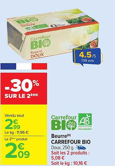 Beurre(n) CARREFOUR BIO Doux, 250 g