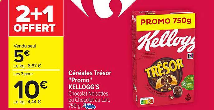 Céréales Trésor "Promo" KELLOGG'S Chocolat Noisettes ou Chocolat au Lait, 750 g