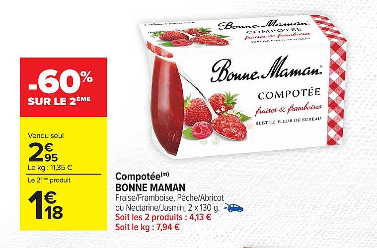 Compotée Bonne Maman Fraise/Framboise, Pêche/Abricot ou Nectarine/Jasmin