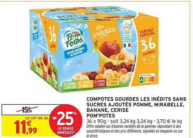 COMPOTES GOURDES LES INÉDITS SANS SUCRES AJOUTÉS POMME, MIRABELLE, BANANE, CERISE POM'POTES