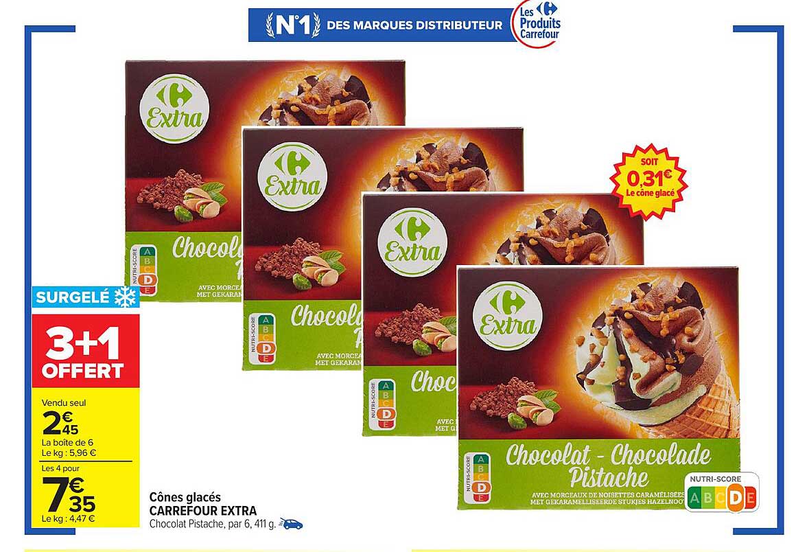 Cônes glacés Carrefour Extra - Chocolat Pistache