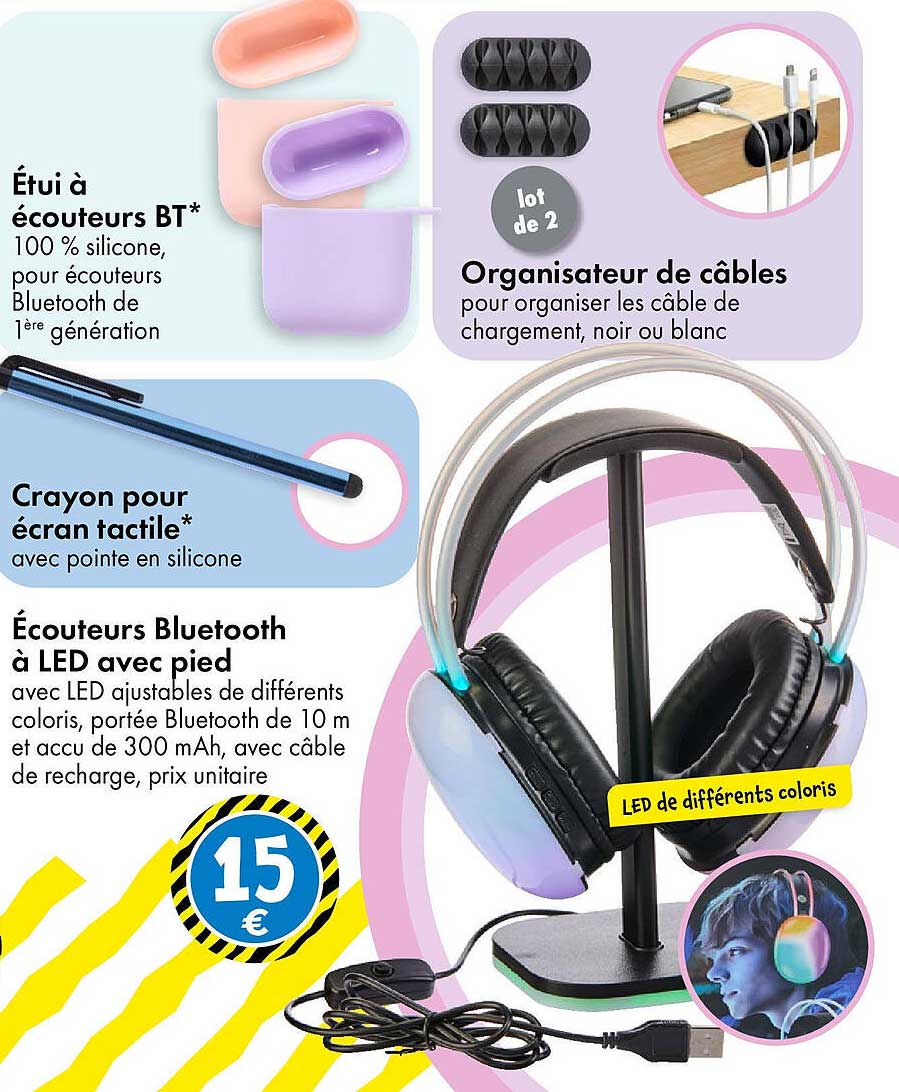 Écouteurs Bluetooth à LED avec pied