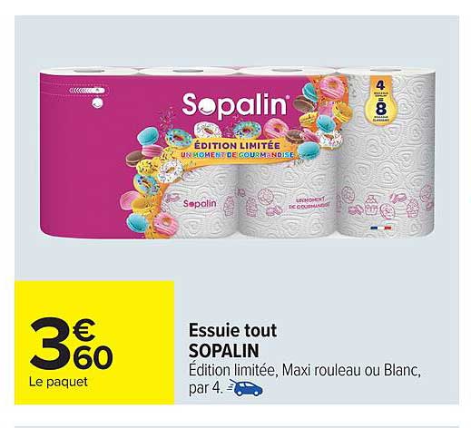 Essuie tout SOPALIN Édition limitée, Maxi rouleau ou Blanc, par 4.