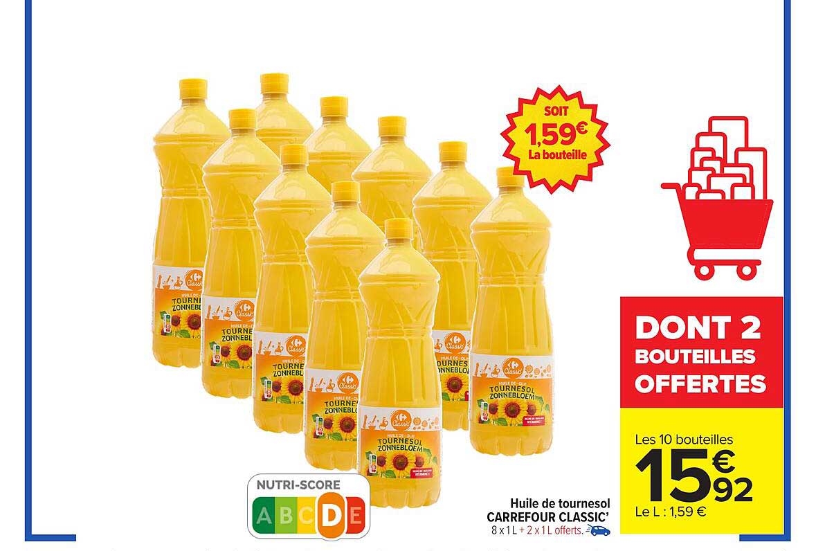 Huile de tournesol CARREFOUR CLASSIC’ 8 x 1L + 2 x 1L offerts