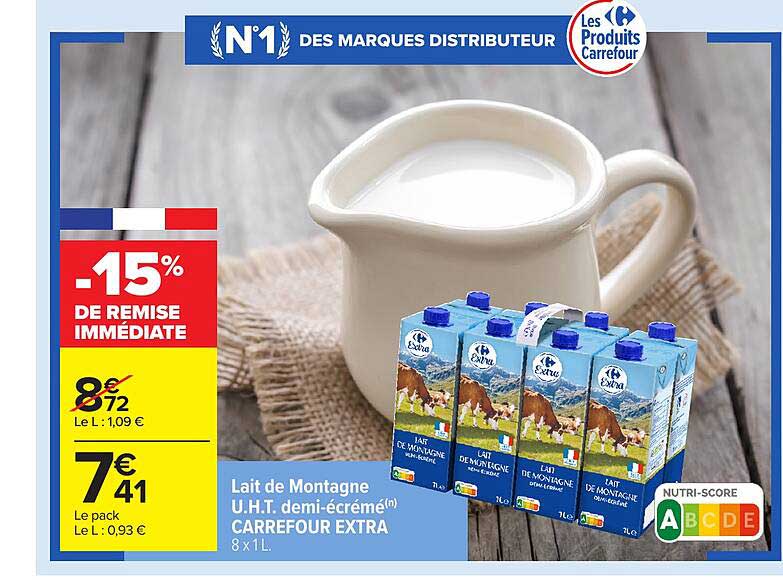 Lait de Montagne U.H.T. demi-écrémé CARREFOUR EXTRA 8 x 1L