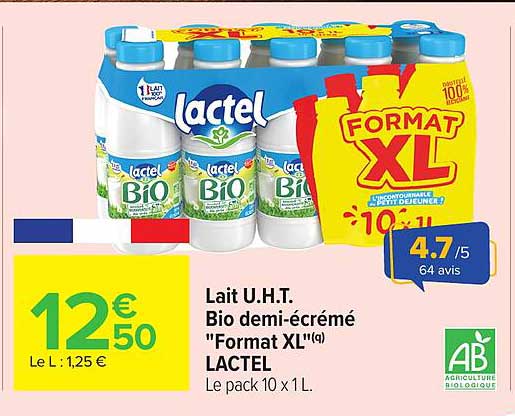 Lait U.H.T. Bio demi-écrémé 'Format XL'