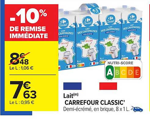 Lait(m) CARREFOUR CLASSIC' Demi-écrémé, en brique, 8 x 1 L.