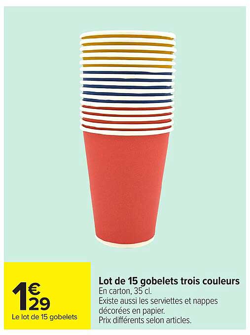 Lot de 15 gobelets trois couleurs