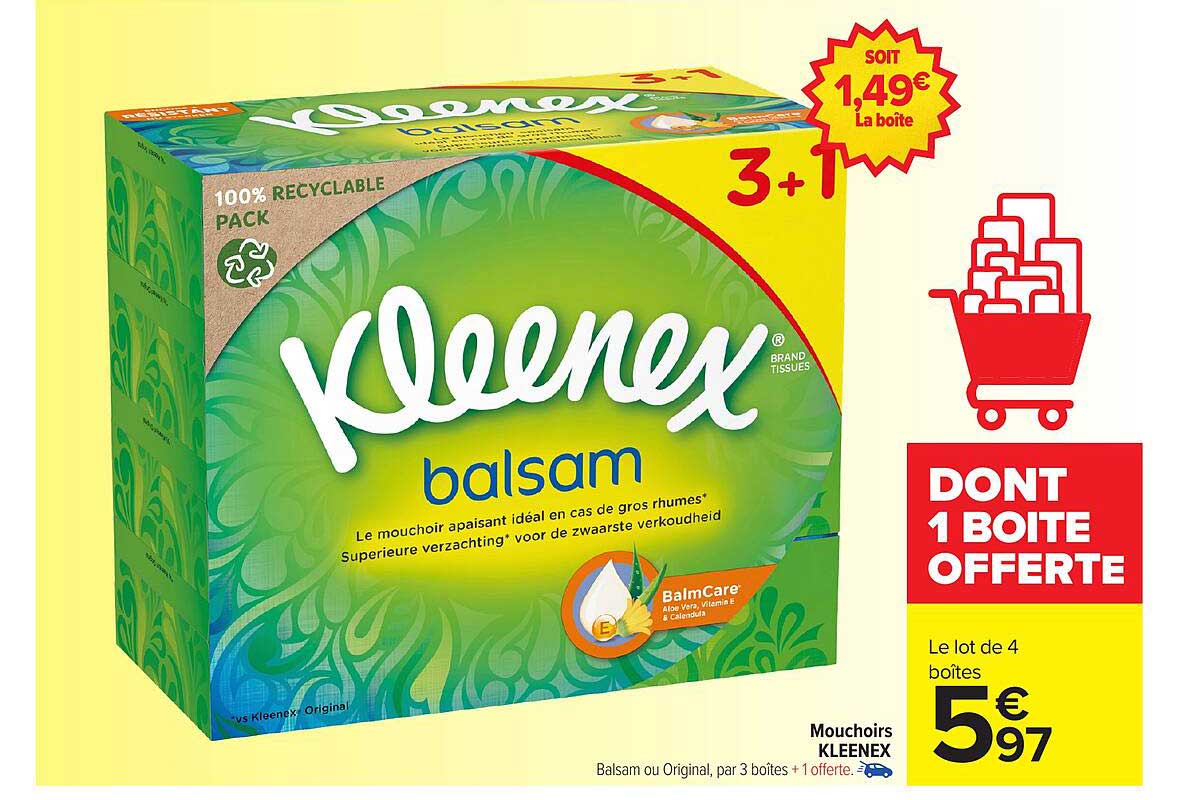 Mouchoirs KLEENEX Balsam (Le lot de 4 boîtes 5€97)