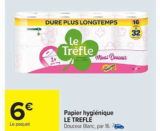 Papier hygiénique LE TREFLE Douceur Blanc, par 16.