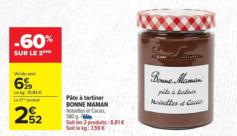 Pâte à tartiner BONNE MAMAN Noisettes et Cacao, 580 g